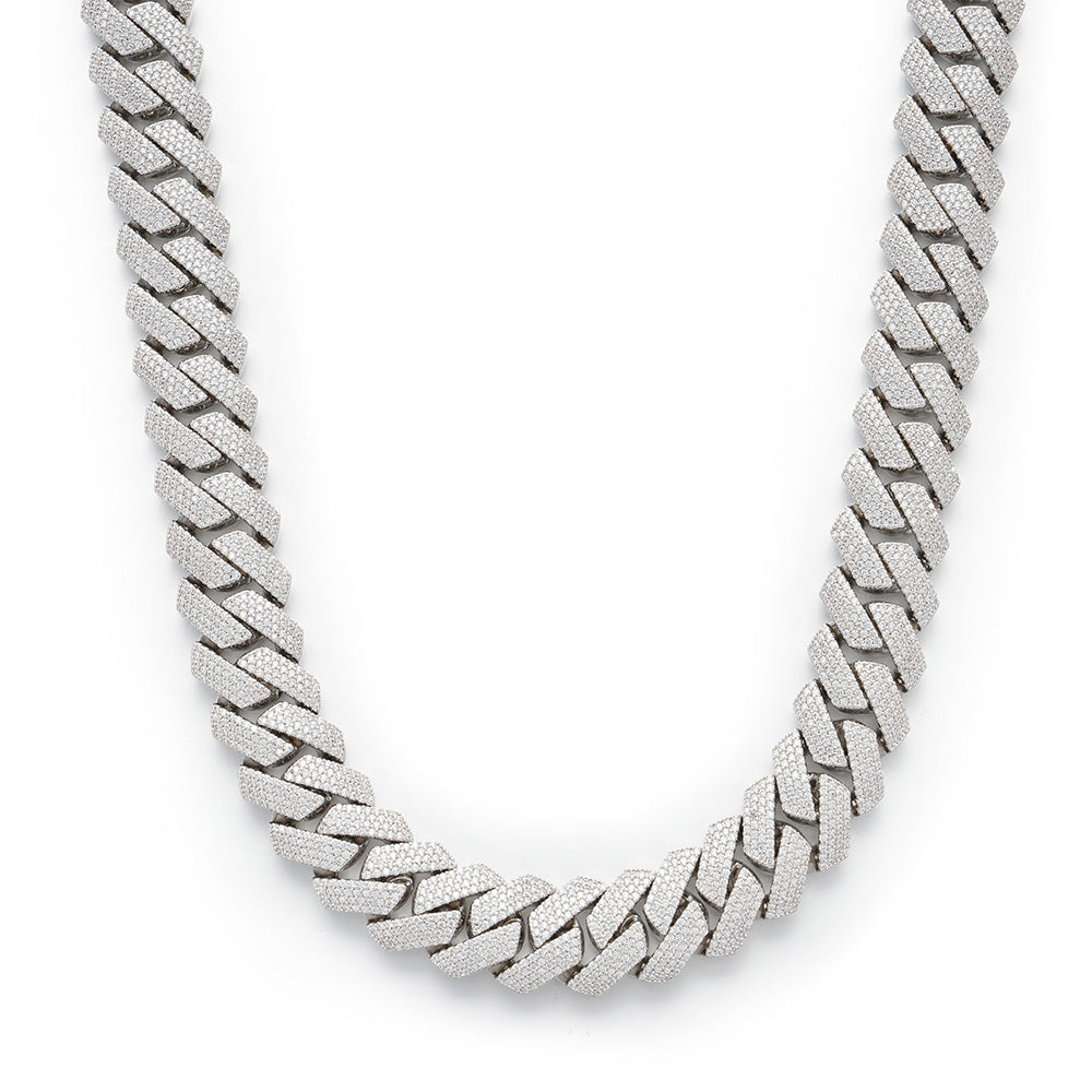 15mm White Gold 4-Row Diamond Cuban Link Chain Extended Clasp