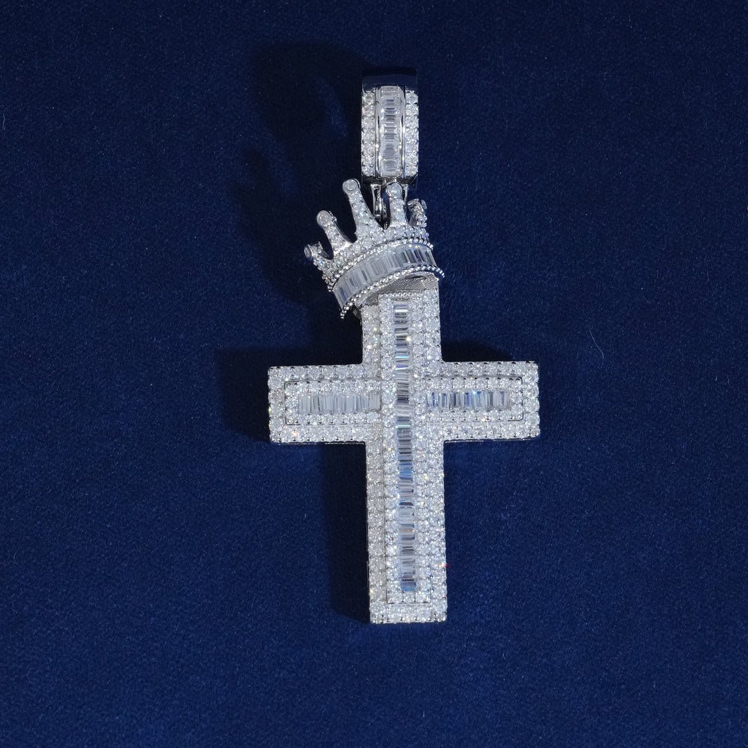 Moissanite Crown Cross Baguette Pendant