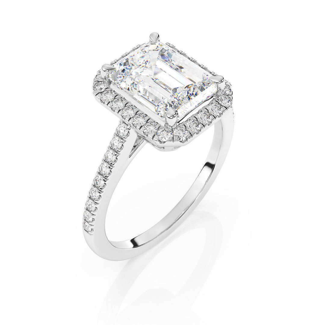 Adorned Halo Emerald Cut Moissanite Ring