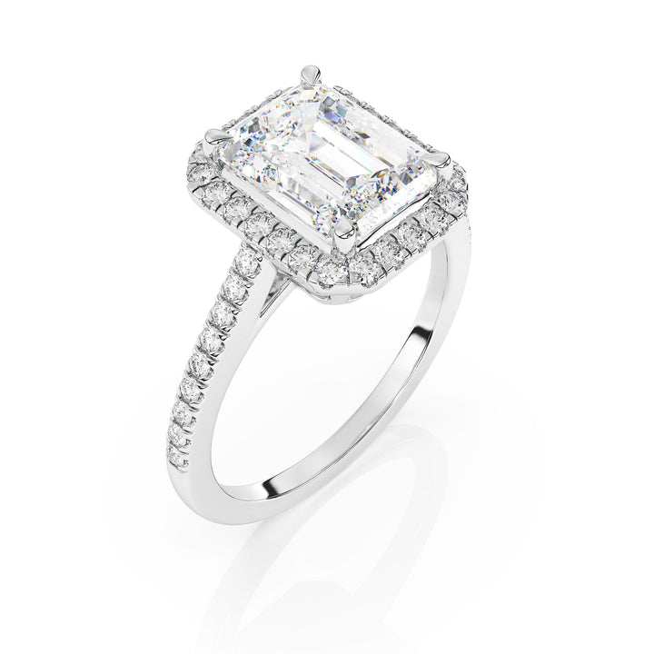 Adorned Halo Emerald Cut Moissanite Ring