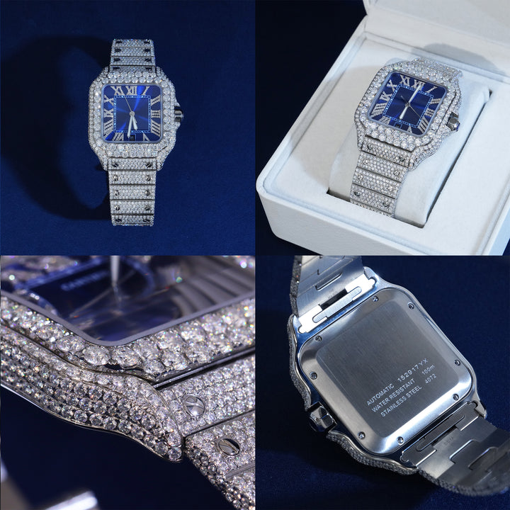 Moissanite Roman Number Blue Dial Watch
