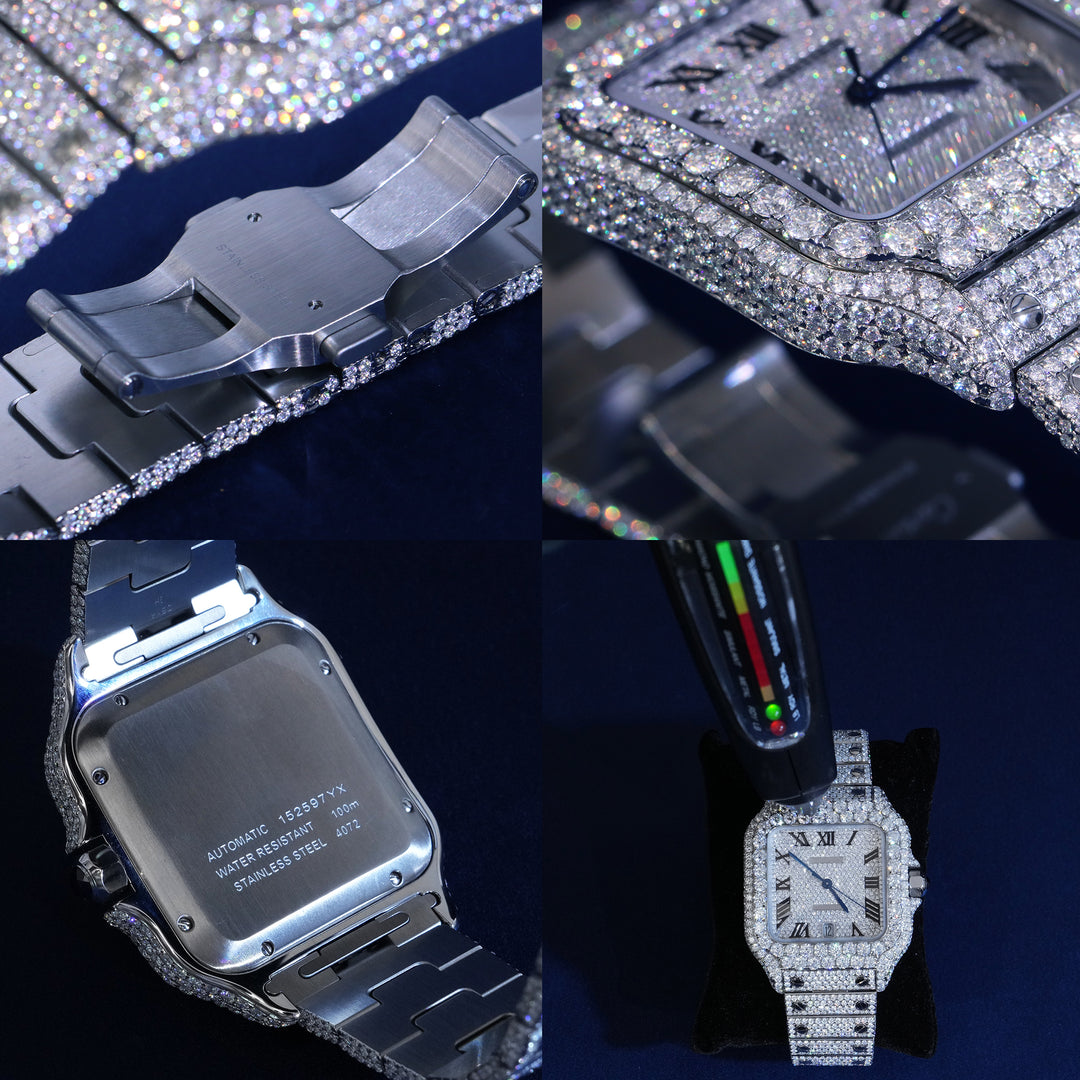 Moissanite Roman Numeral Dial Watch Blue Hands