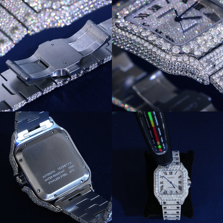 Moissanite Roman Numeral Dial Watch Blue Hands