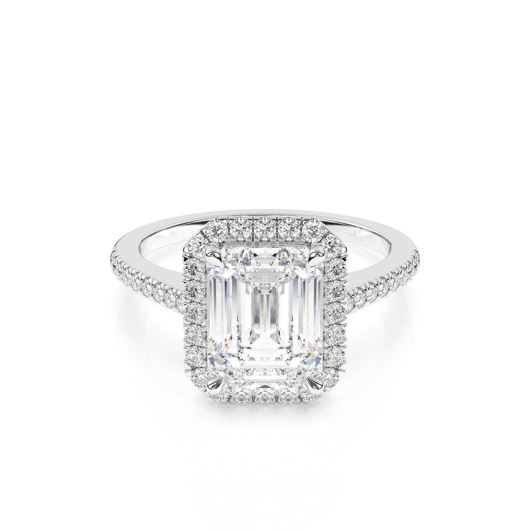 Adorned Halo Emerald Cut Moissanite Ring