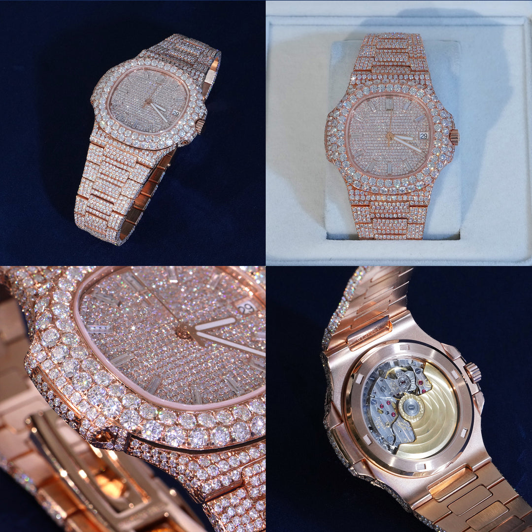 Moissanite Iced Cushion Dial Watch In Rose Gold