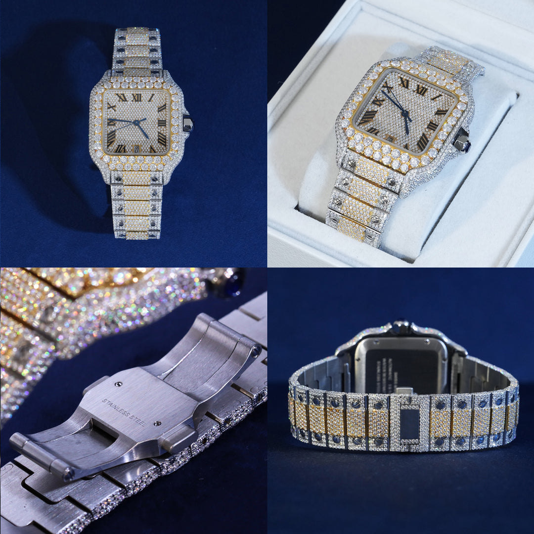Moissanite Two Tone Roman Number Diamond Dial Watch