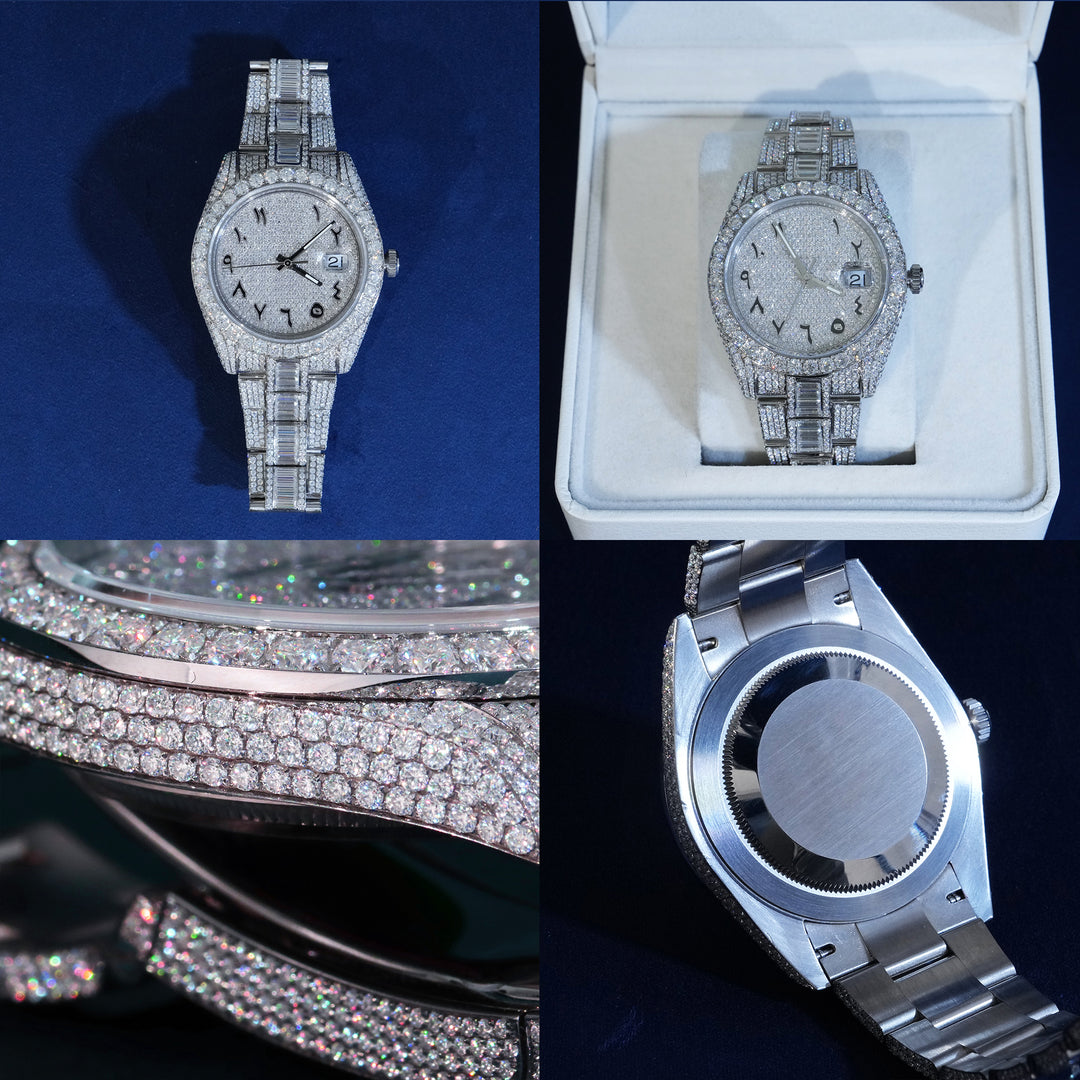 Moissanite Iced Numeral Dial Watch In White Gold