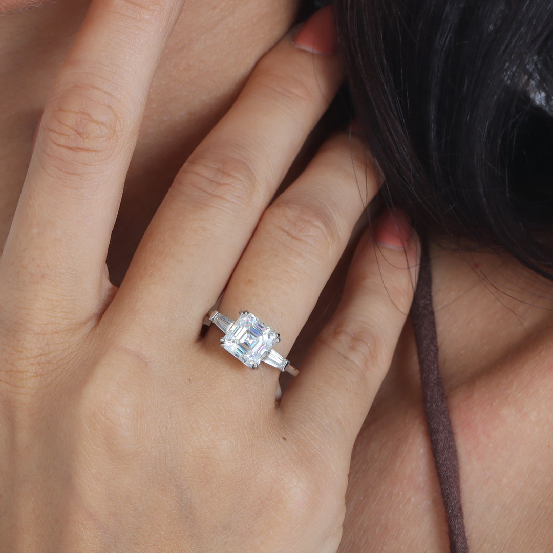 Baguette Three Stone Asscher Cut Moissanite Ring