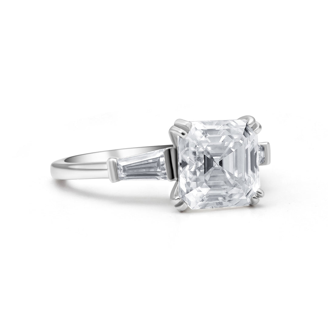 Baguette Three Stone Asscher Cut Moissanite Ring