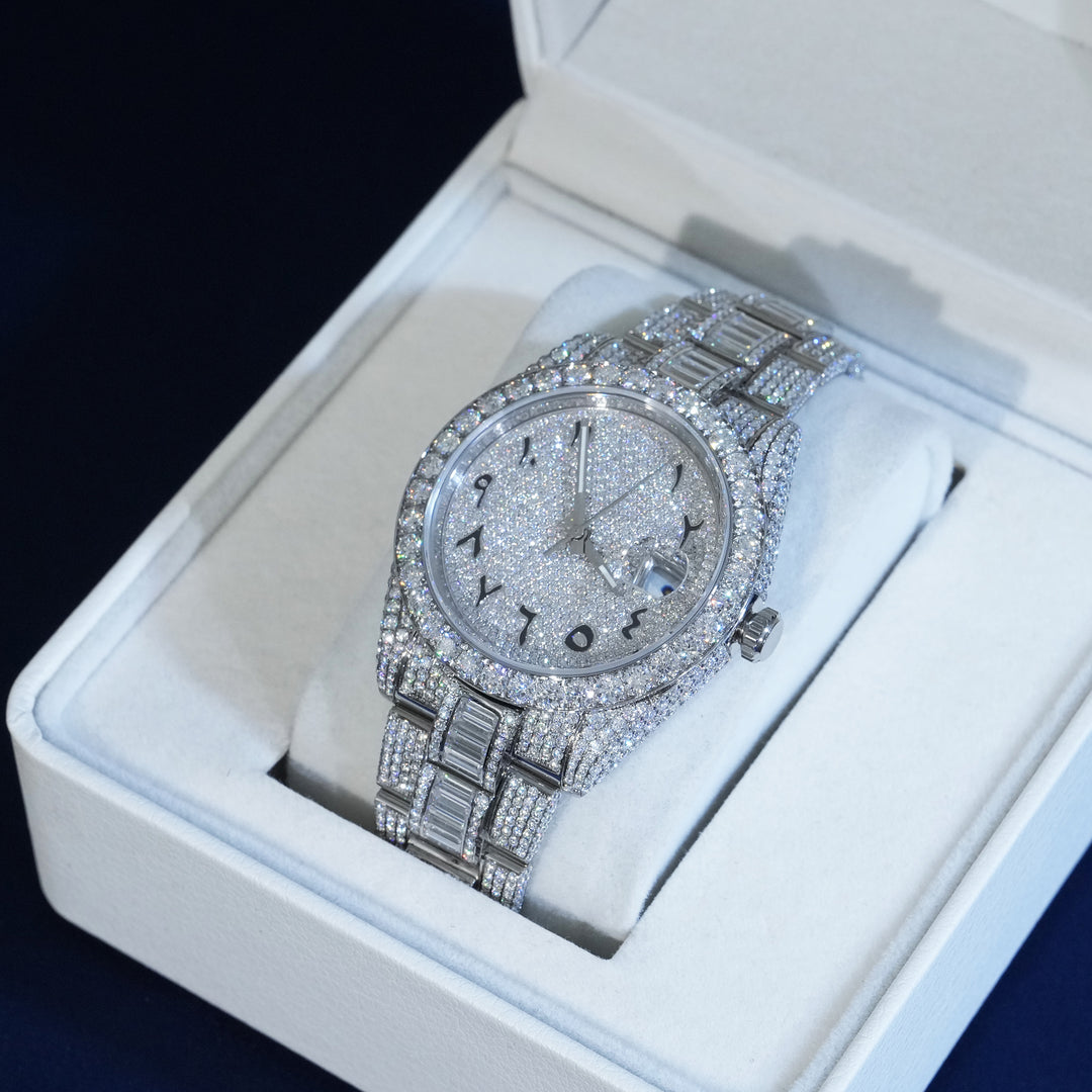 Moissanite Iced Numeral Dial Watch In White Gold