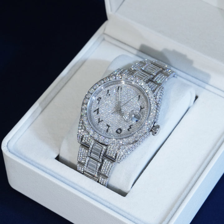 Moissanite Iced Numeral Dial Watch In White Gold