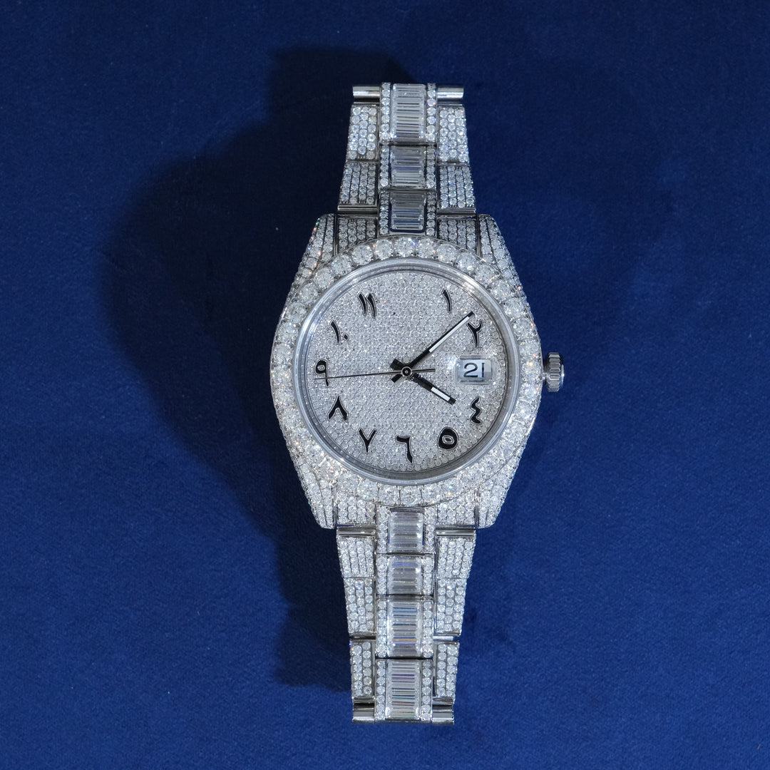 Moissanite Iced Numeral Dial Watch In White Gold