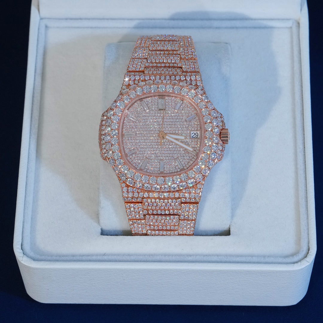 Moissanite Iced Cushion Dial Watch In Rose Gold