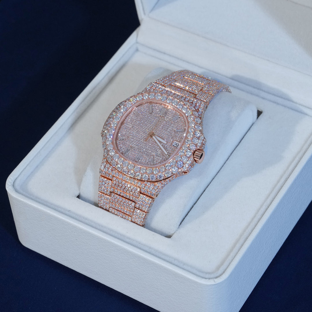 Moissanite Iced Cushion Dial Watch In Rose Gold