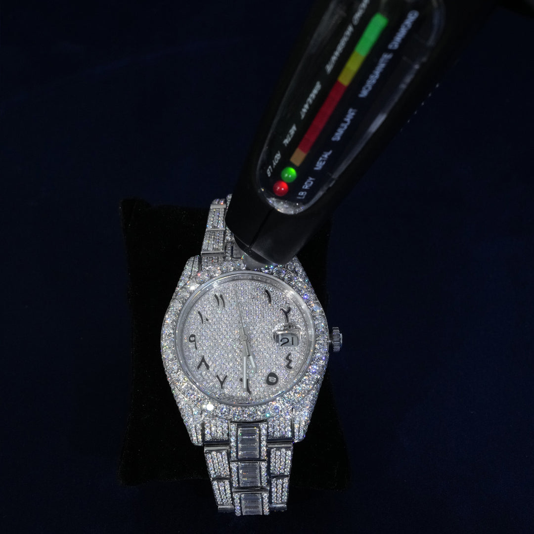 Moissanite Iced Numeral Dial Watch In White Gold