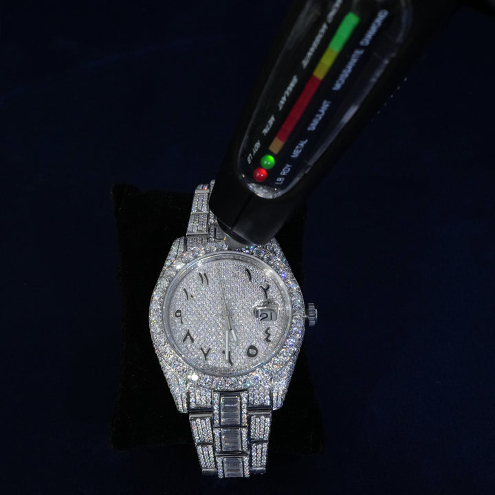 Moissanite Iced Numeral Dial Watch In White Gold