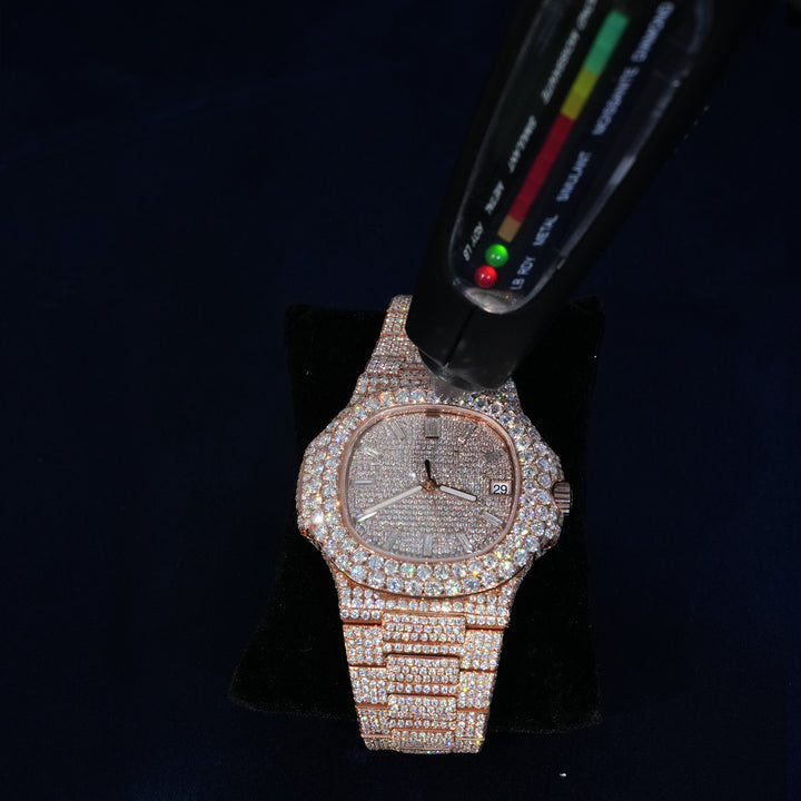 Moissanite Iced Cushion Dial Watch In Rose Gold