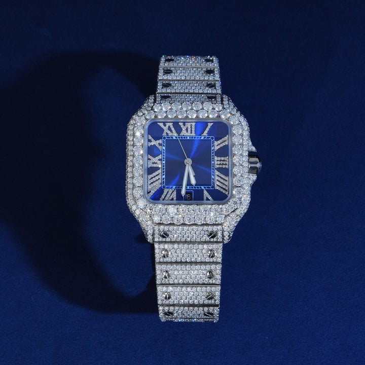 Moissanite Roman Number Blue Dial Watch