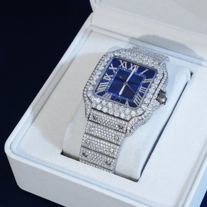 Moissanite Roman Number Blue Dial Watch