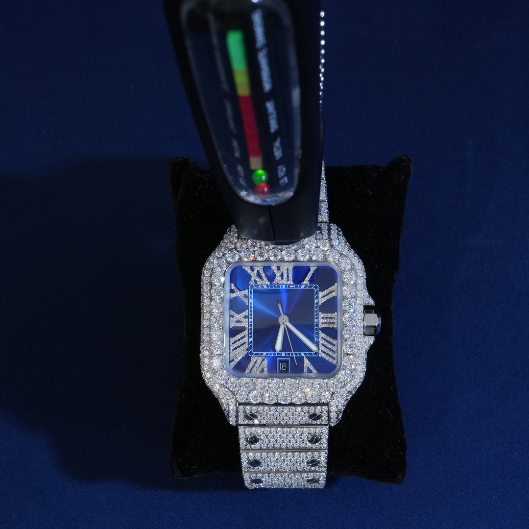 Moissanite Roman Number Blue Dial Watch