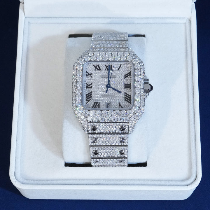 Moissanite Roman Numeral Dial Watch Blue Hands