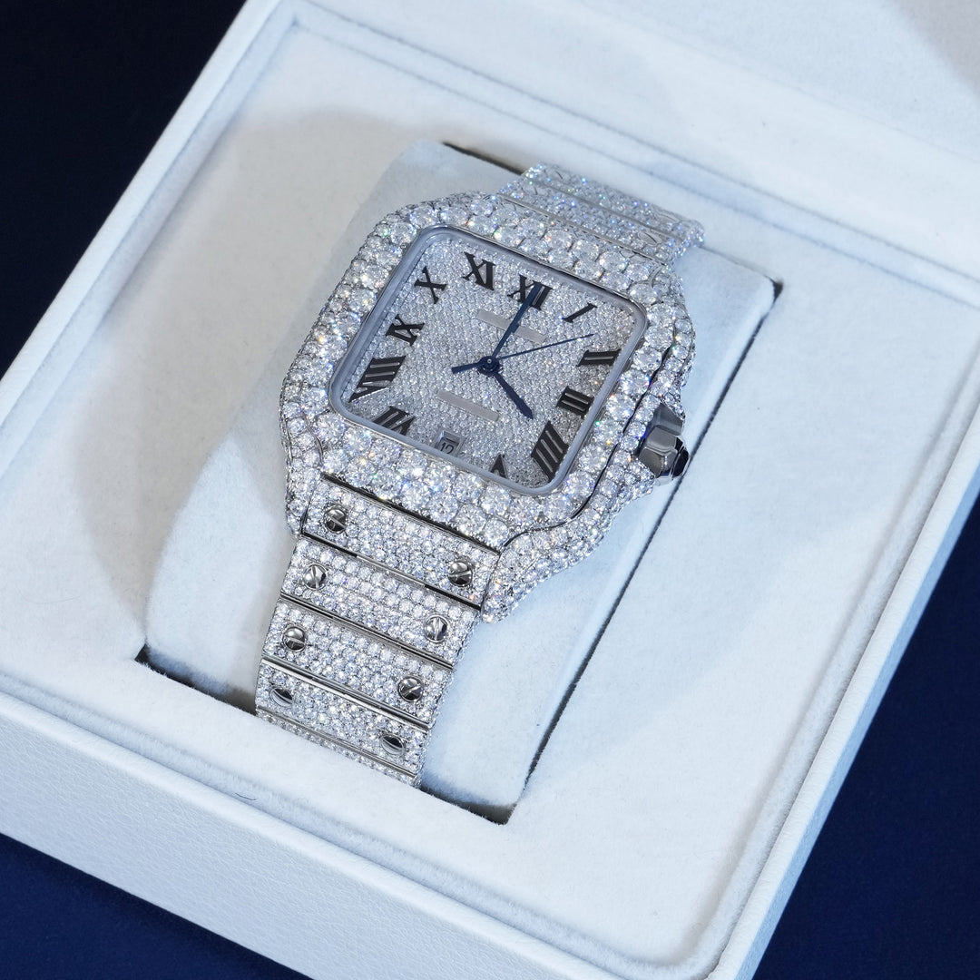 Moissanite Roman Numeral Dial Watch Blue Hands