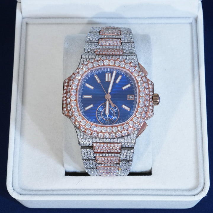 Moissanite Two Tone Blue Dial Watch