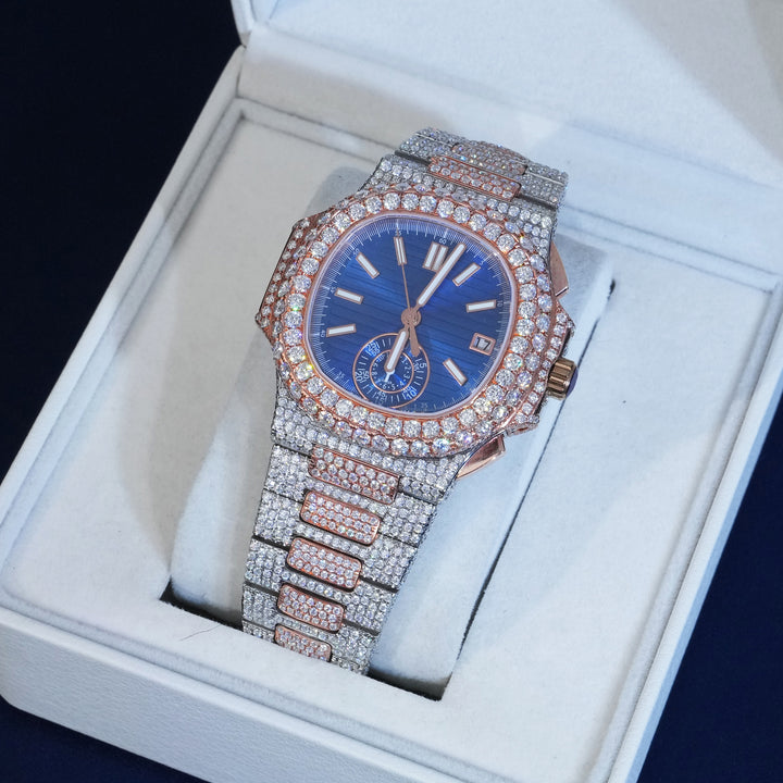 Moissanite Two Tone Blue Dial Watch