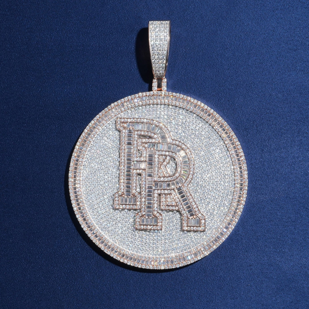 Baguette Two Initials Round Disc Pendant