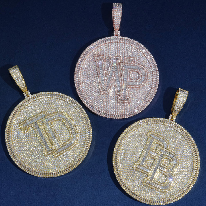 Baguette Two Initials Round Disc Pendant