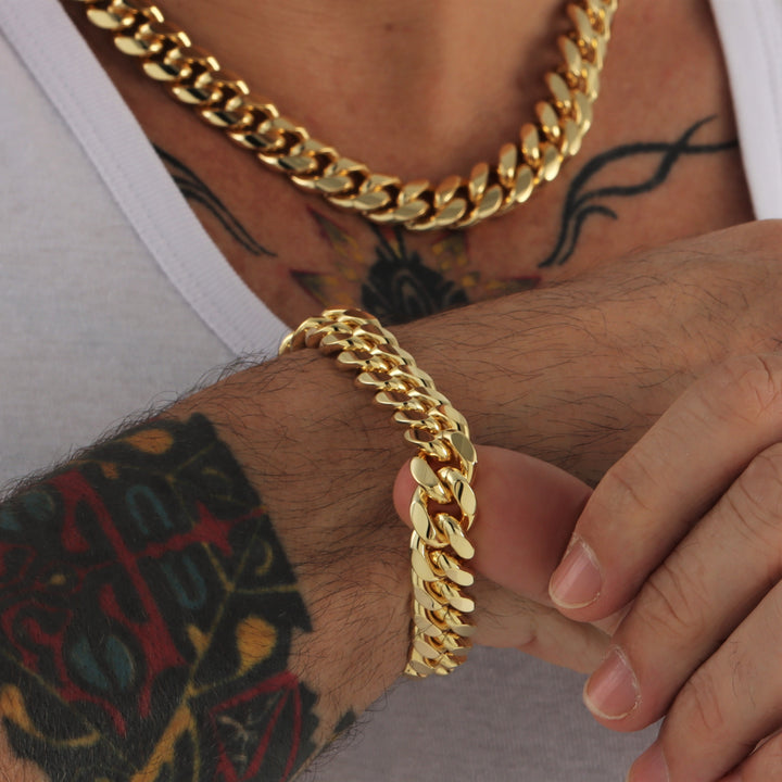 12 mm kubanische Gliederkette + Armbandpaket 18 Karat vergoldet