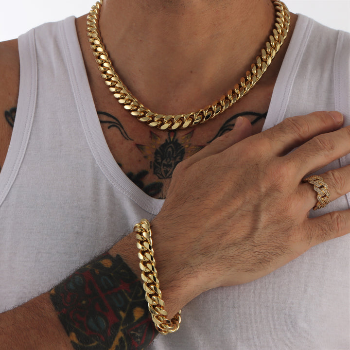 12 mm kubanische Gliederkette + Armbandpaket 18 Karat vergoldet