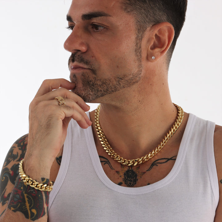 12 mm kubanische Gliederkette + Armbandpaket 18 Karat vergoldet