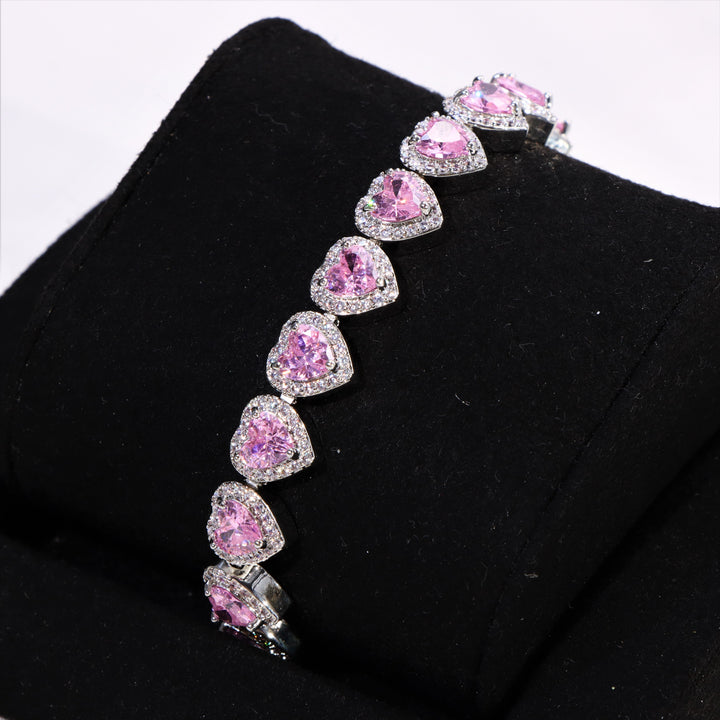 Women's Pink Heart Cut Cluster Tennis Bracelet White Gold