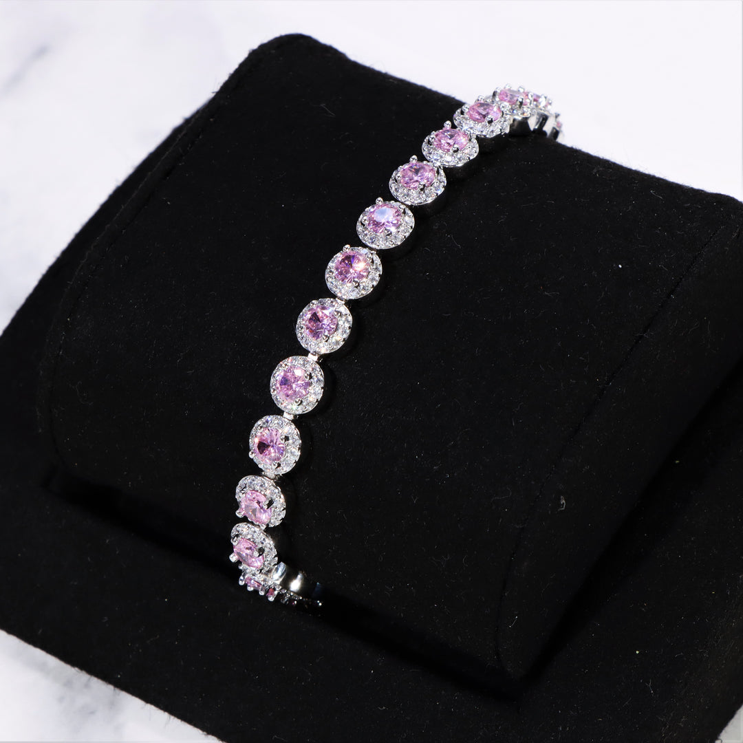 Women's Round Cut Pink Clustered Tennis Bracelet White Gold