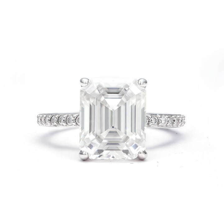 Adorned Emerald Cut Moissanite Ring in Sterling Silver