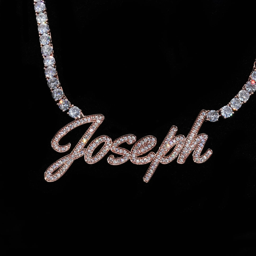 Custom Script Name Plate with 5mm Tennis Necklace
