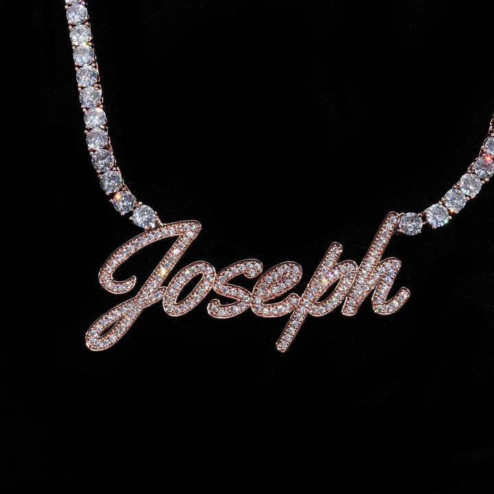 Custom Script Name Plate with 5mm Tennis Necklace