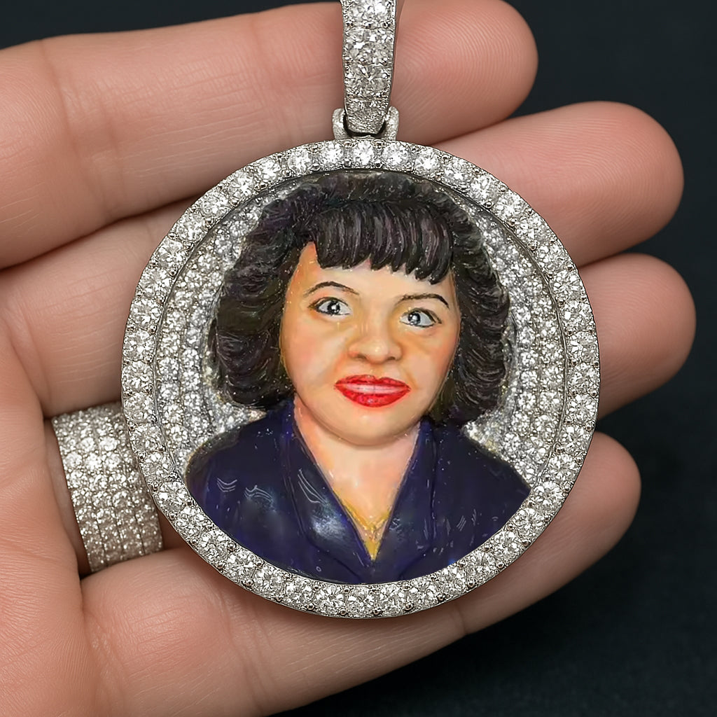 Custom Diamond Disc Pendant with Enamel Portrait