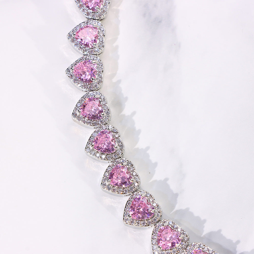 Women's Pink Heart Cut Cluster Tennis Bracelet White Gold