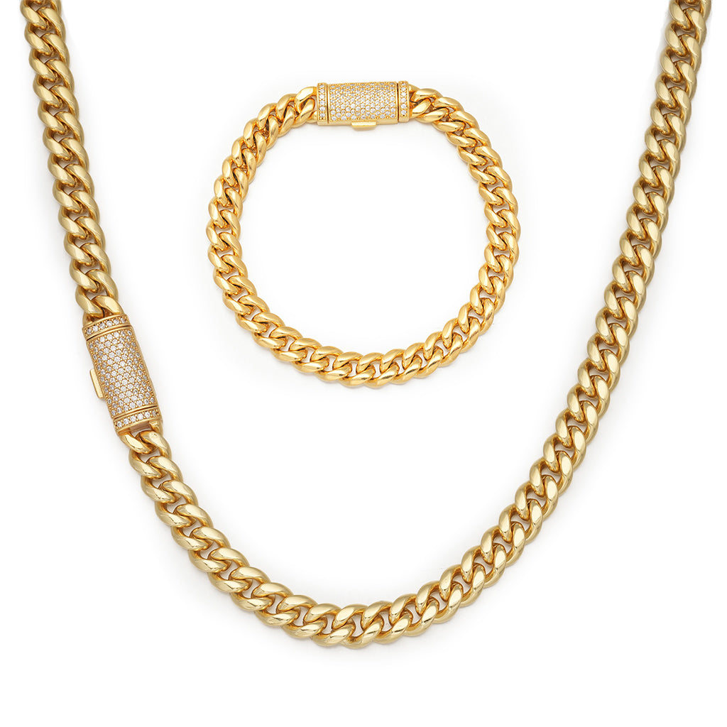 8 mm schlichte kubanische Gliederkette aus Gold + Armband mit Moissanite-Kastenverschluss