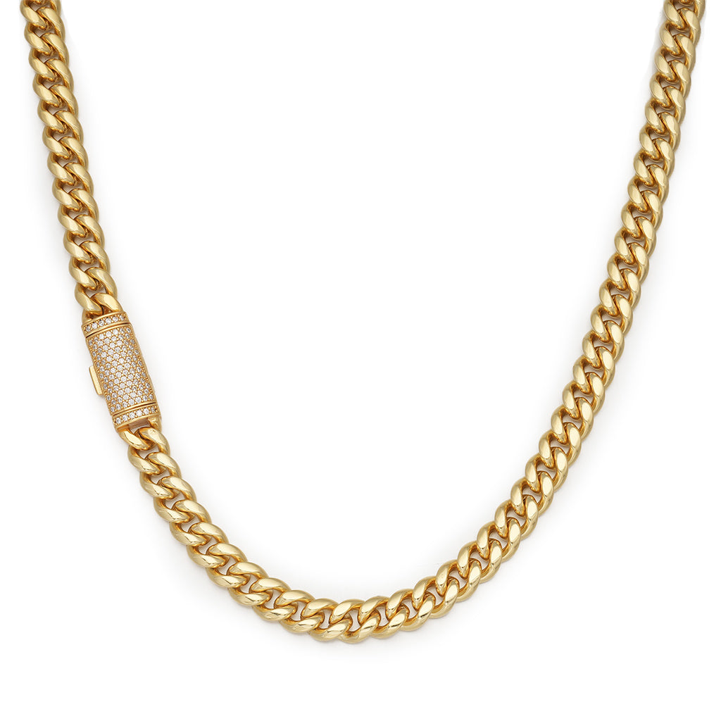 8mm Plain Gold Cuban Link Chain with Moissanite Box Clasp