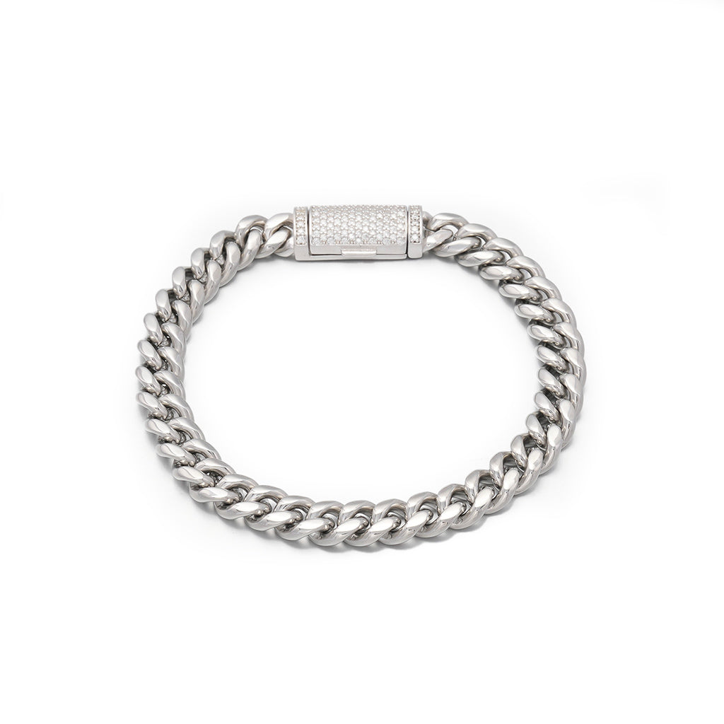 8mm Plain White Gold Cuban Link Chain+Bracelet with Moissanite Box Clasp