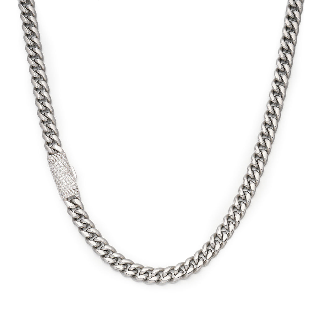 8 mm schlichte kubanische Gliederkette aus Weißgold mit Moissanite-Kastenverschluss