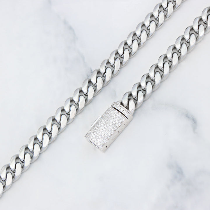 8mm Plain White Gold Cuban Link Chain+Bracelet with Moissanite Box Clasp