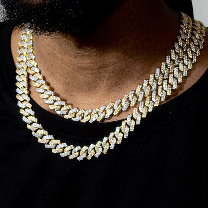 Two-Tone Iced Prong Cuban Link Chain in Gold and White Gold Plating