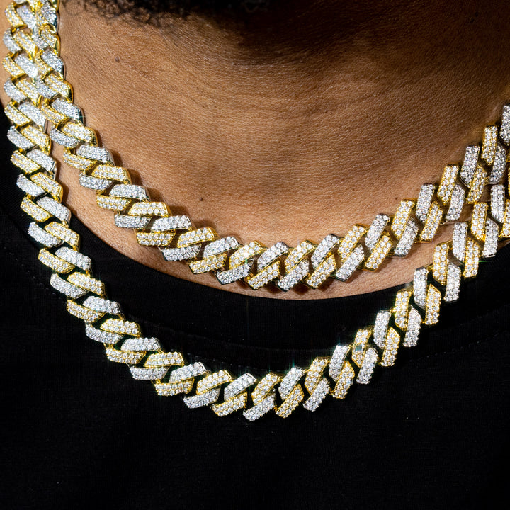Two-Tone Iced Prong Cuban Link Chain in Gold and White Gold Plating