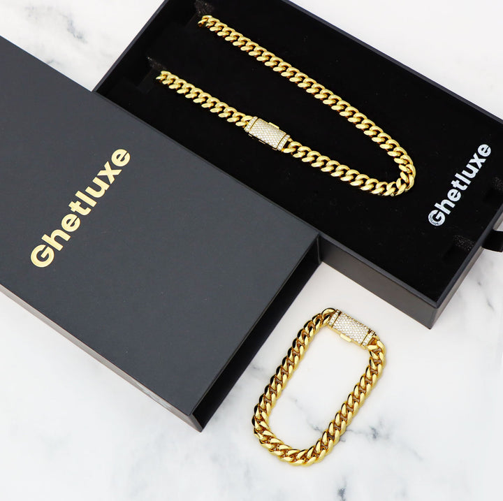 8mm Plain Gold Cuban Link Chain+Bracelet with Moissanite Box Clasp