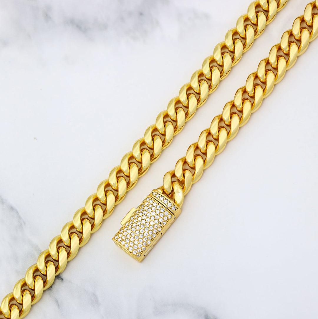 8mm Plain Gold Cuban Link Chain+Bracelet with Moissanite Box Clasp