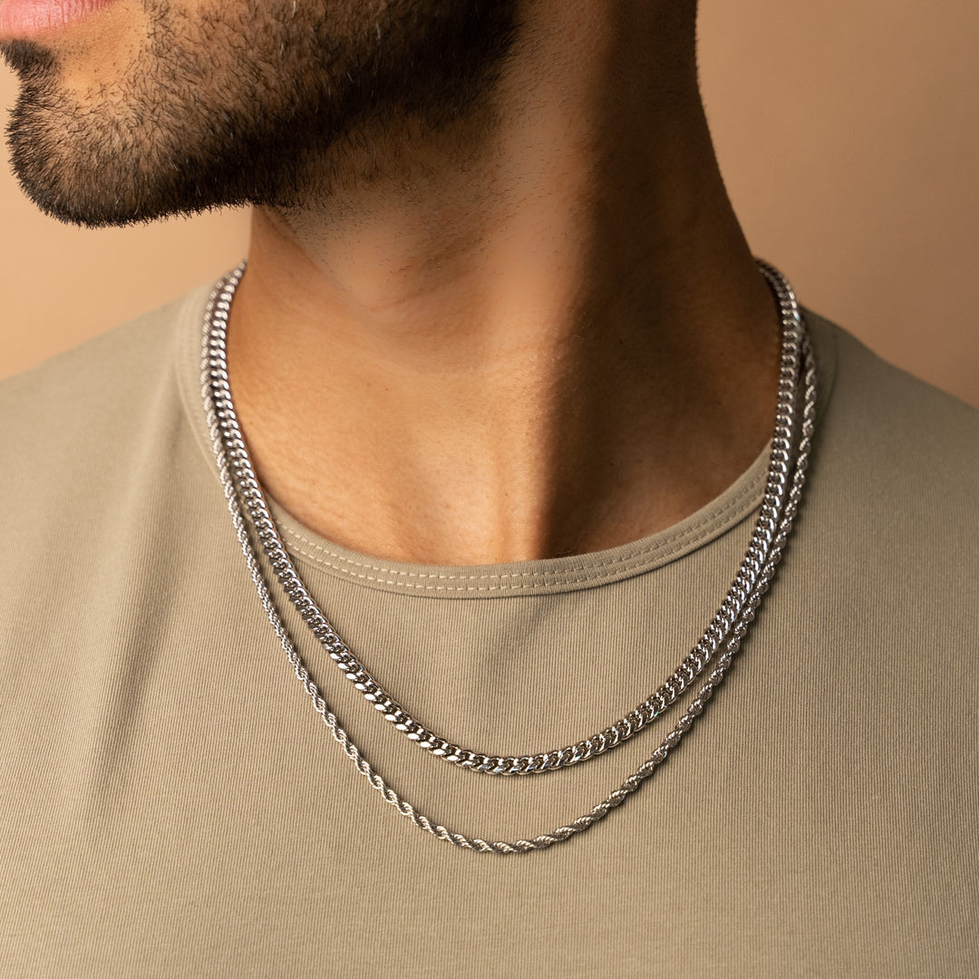 5 mm kubanisches Glied + 3 mm Kordelkette in Weißgold